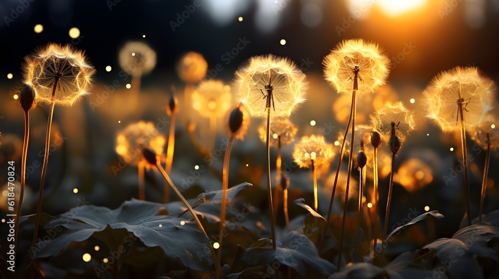 Field full of dandelions, creating a visually enchanting backdrop with soft, out-of-focus orbs of light. (Generative AI)