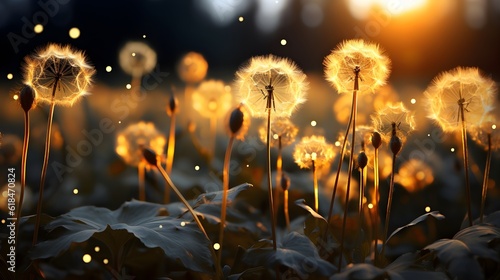 Field full of dandelions  creating a visually enchanting backdrop with soft  out-of-focus orbs of light.  Generative AI 