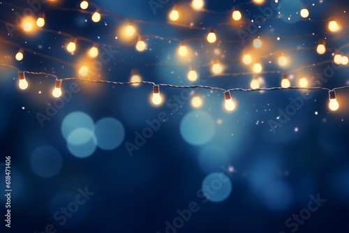 Holiday Illumination and Decoration: Christmas Garland Bokeh Lights over Dark Blue Background Generative AI