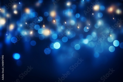 Holiday Illumination and Decoration: Christmas Garland Bokeh Lights over Dark Blue Background Generative AI