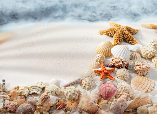 beach - sea themed banner or header with beautiful shells, corals and starfish on pure white © Burak Kavakci