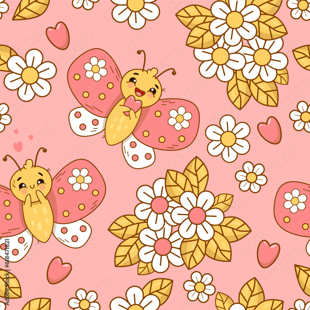 Seamless pattern with cute in love butterflies and flowers on pink background. Groovy vector Illustration for wallpaper, design, textile, packaging, decor. Kids collection.