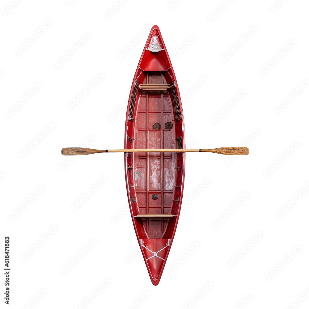 Φωτογραφία Top view of a red pirogue with a wooden oar on a transparent cutout PNG background