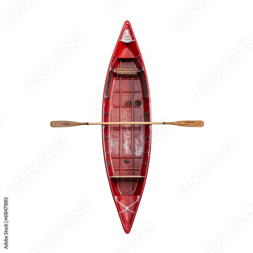 Top view of a red pirogue with a wooden oar on a transparent cutout PNG background. Generative AI