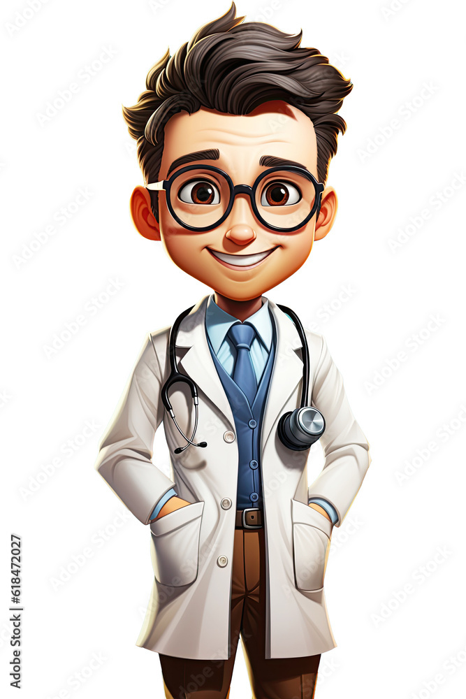 Portrait of a cheerful cartoon young doctor with a stethoscope smiling at the camera. On a white isolated background. Generative AI illustration Portrait of a cheerful cartoon young doctor with a stethoscope smiling at the camera. On a white isolated background. Generative AI illustration