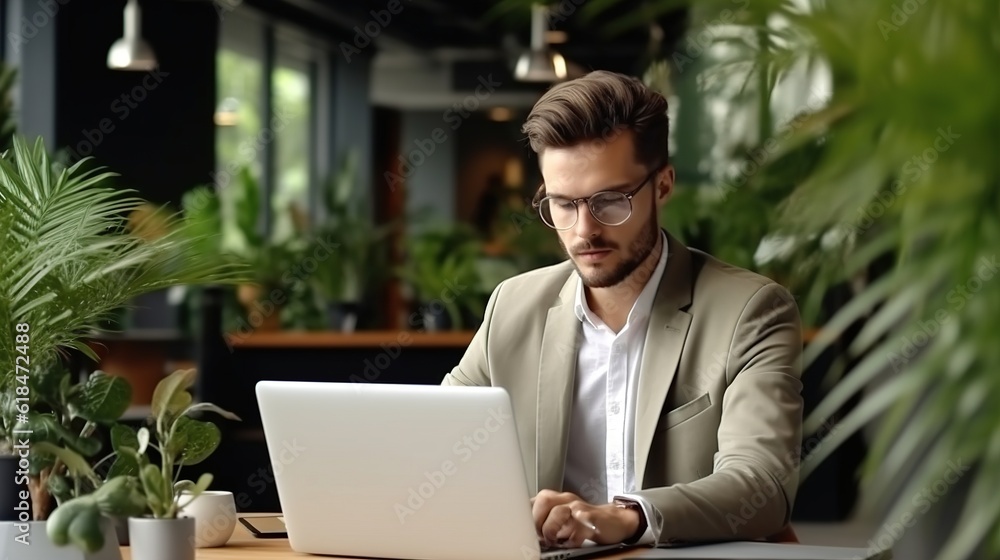 Young businessman working with laptop. Startup project. Manager. Trading. Generative AI. Young businessman working with laptop. Startup project. Manager. Trading. Generative AI.