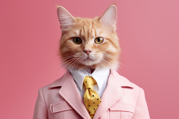 Generated ai photo collage of cute cat wear fashionable style coat on pink color background