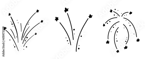 Vector 4th July fireworks illustration isolated on white in doodle comic scribble bullet journal sketch style. Holiday sparkling burst party in the sky.