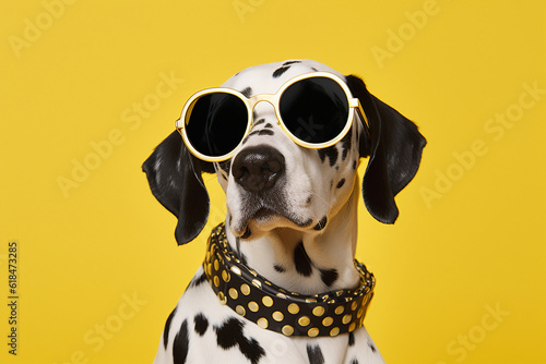 Advert collage generated by ai of cool black white spotted dalmation dog with fashionable collar on yellow background photo