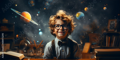 Obraz na plátně Happy schoolboy at school astronomy lesson, dreaming student, fantasy concept of
