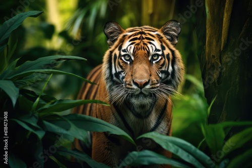 sumatran tiger in forest background stalking prey, beautiful asiatic tiger © Layerform