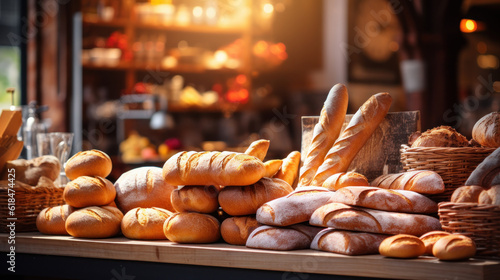 Fotografie, Obraz different bread loaves and baguettes on bakery shop