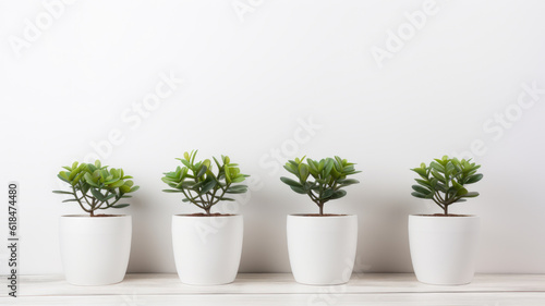 plants in pots on table against white wall  indoor clean minimalism style