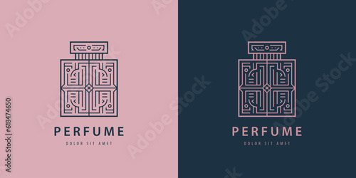 Vector perfume, fragrance bottle logo. Line decorated luxury style icon.