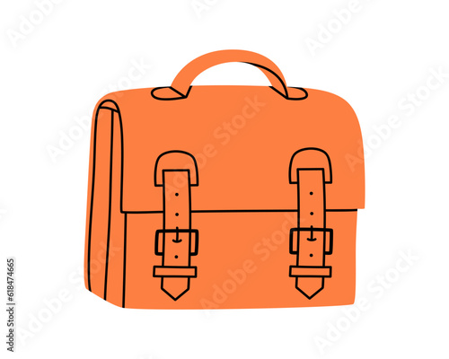 Hand drawn cute illustration of school classic briefcase. Flat vector retro college bag with in colored doodle style. Education or study sticker, icon. Back to school. Isolated on white background.