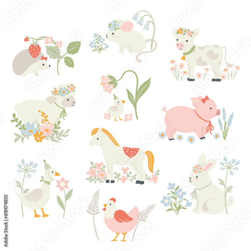 Fototapete Vector set of cute domestic baby animals illustrations