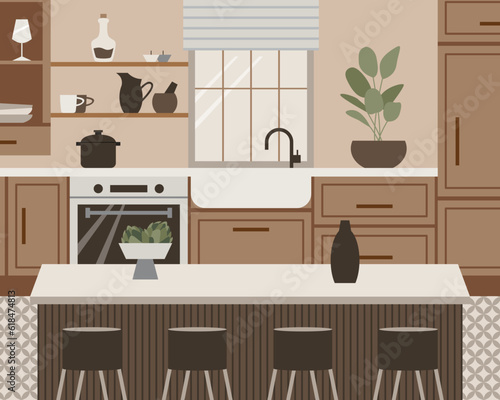 Modern kitchen in Scandinavian boho style. Vector cartoon illustration