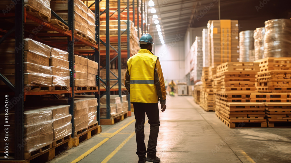 Warehouse Worker in Reflective Vest and Safety Helmet Surrounded by Palletized Goods on Shelves Warehouse Worker in Reflective Vest and Safety Helmet Surrounded by Palletized Goods on Shelves