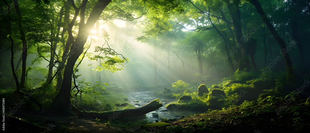 A mesmerizing view of an ancient forest blanketed in morning mist, the sun rays piercing through the canopy, the scene's myriad shades of green enhanced by HDR technology. 