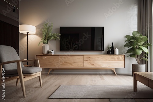 Illustration. A spacious room with a black widescreen TV and a white oak sideboard. Isolated. Generative AI