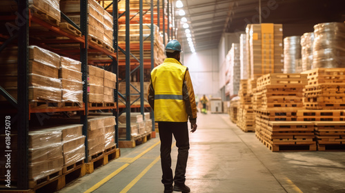 Warehouse Worker in Reflective Vest and Safety Helmet Surrounded by Palletized Goods on Shelves