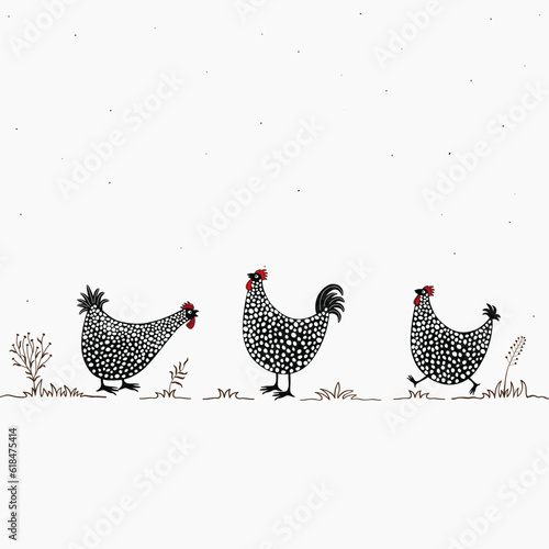 Card with funny cartoon chickens on white background