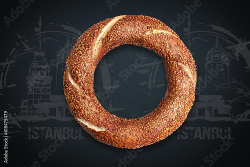 Fresh Turkish bagel on a black background