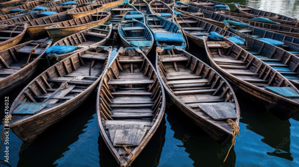 Small Ancient Wooden Boats Floating on the Water