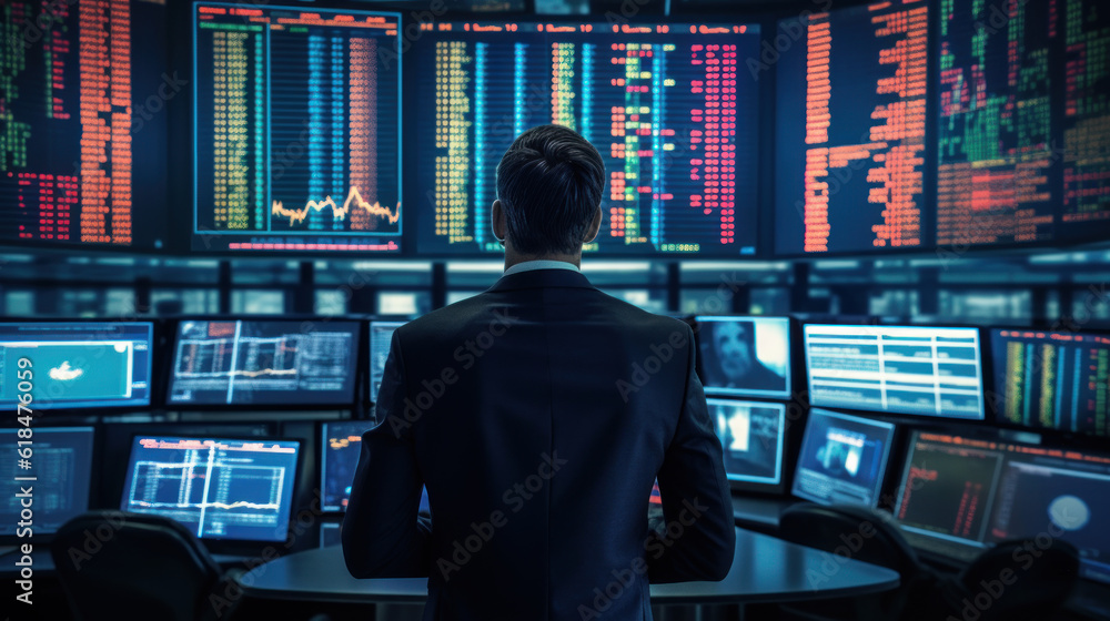 Businessman Observing Screens Displaying Stock Market Graphs Businessman Observing Screens Displaying Stock Market Graphs