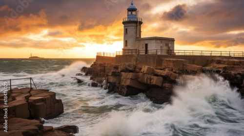 Seascape of Lighthouse by the Sea at Sunset During a Storm