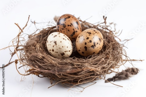 Close-up of a nest with bird eggs on a white background.