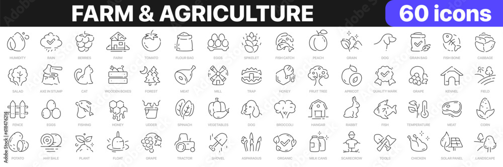 Farm and agriculture line icons collection. Food, organic, animals, fruits, vegetables icons. UI icon set. Thin outline icons pack. Vector illustration EPS10 Farm and agriculture line icons collection. Food, organic, animals, fruits, vegetables icons. UI icon set. Thin outline icons pack. Vector illustration EPS10