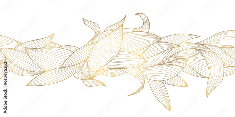Vector art deco luxury leaf line pattern, golden background. Hand drawn wavy plants for packaging, social media post, cover, banner, creative post and wall arts. Japanese style. Vector art deco luxury leaf line pattern, golden background. Hand drawn wavy plants for packaging, social media post, cover, banner, creative post and wall arts. Japanese style.