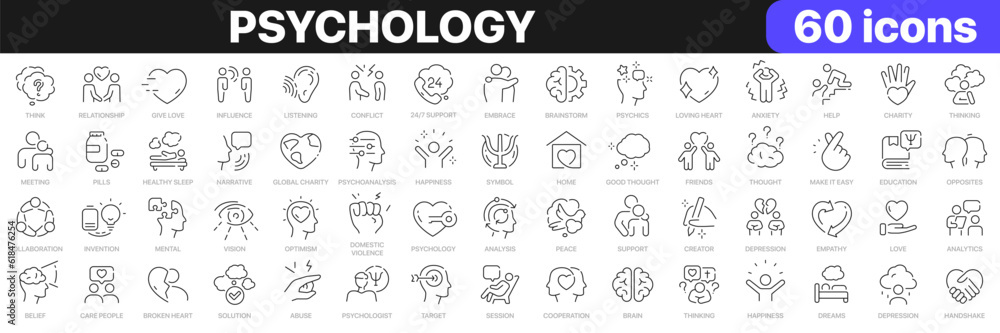 Psychology line icons collection. Mental, session, help, psychoanalysis, emotions icons. UI icon set. Thin outline icons pack. Vector illustration EPS10 Psychology line icons collection. Mental, session, help, psychoanalysis, emotions icons. UI icon set. Thin outline icons pack. Vector illustration EPS10
