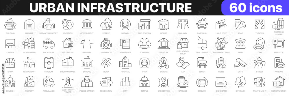 Urban infrastructure line icons collection. City, buildings, transport, road icons. UI icon set. Thin outline icons pack. Vector illustration EPS10