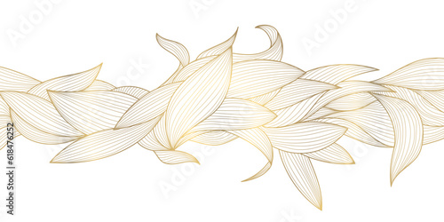 Vector art deco luxury leaf line pattern, golden background. Hand drawn wavy plants for packaging, social media post, cover, banner, creative post and wall arts. Japanese style.