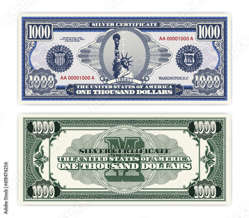 Vector blue banknote obverse and green reverse silver certificate of 1000 US dollars. Oval, liberty and guilloche frame. American paper fictional money.