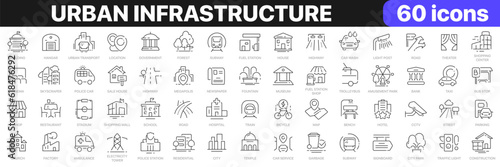 Urban infrastructure line icons collection. City, buildings, transport, road icons. UI icon set. Thin outline icons pack. Vector illustration EPS10