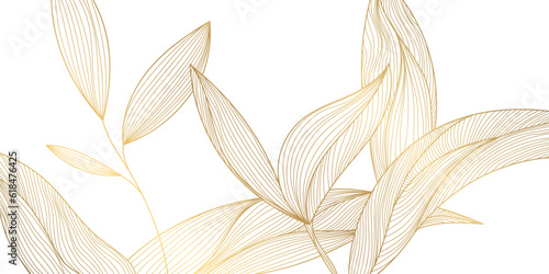 Vector art deco luxury leaf line pattern, golden background. Hand drawn wavy plants for packaging, social media post, cover, banner, creative post and wall arts. Japanese style.