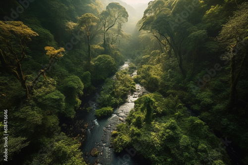 Environment  landscape and river with trees in forest for nature  sustainability and flora. Peace  ai generated and aerial view with water stream in countryside for foliage  paradise and wilderness