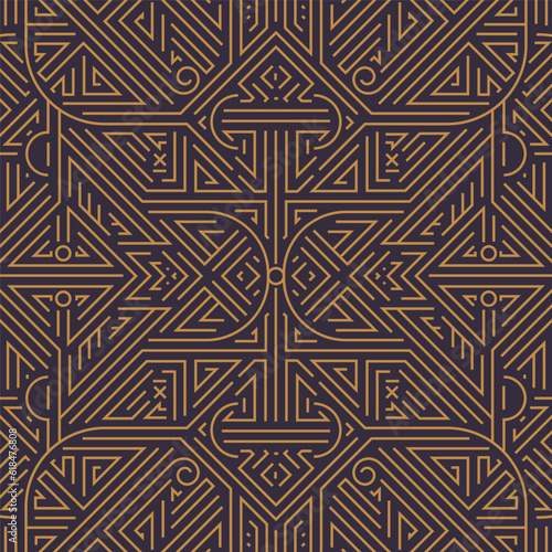 Vector art deco golden black seamless pattern. Geometric line vintage motif. Elegant, fancy luxury design for wallpaper print, packaging, wrapping paper, package, wedding gift