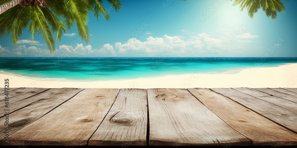 Empty wooden planks table with tropical beach on background, can be used for podium display