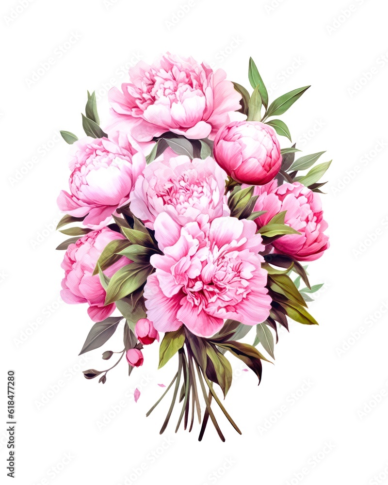 Bouquet of pink peonies isolated on white background in watercolor style. Generative AI.