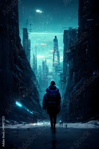 little skinny man in cyberpunk clothes walking next to a big dark scary portal in a cyber punk Technology advanced city breathtakingly beautiful dark night sky with small stars Antarctica spacious 