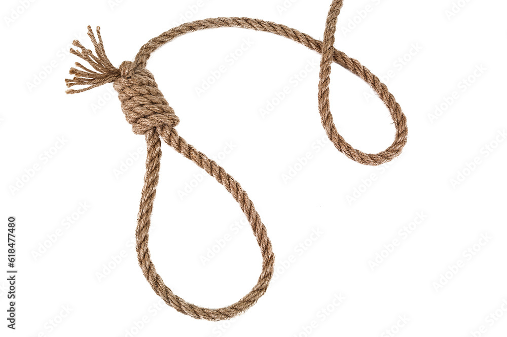 Rope noose for hangman, suicide made of natural fiber rope isolate on white background. Hemp rope noose for homicide or commit suicide concept Rope noose for hangman, suicide made of natural fiber rope isolate on white background. Hemp rope noose for homicide or commit suicide concept
