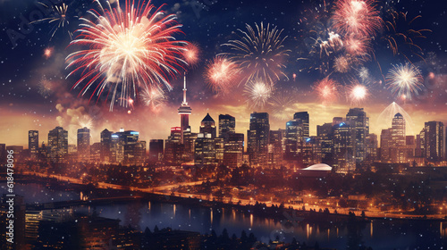 fireworks illuminating the night sky above a city skyline adorned with Canadian flags and patriotic decorations, AI Generated