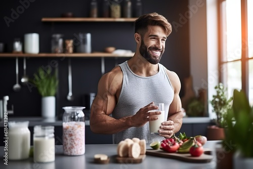 Leinwand Poster Muscular man holding glass of milk while preparing healthy breakfast in the kitchen at home
