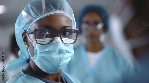 Close up of female nurse in protective facial mask and eyeglasses with healthcare workers in the background.