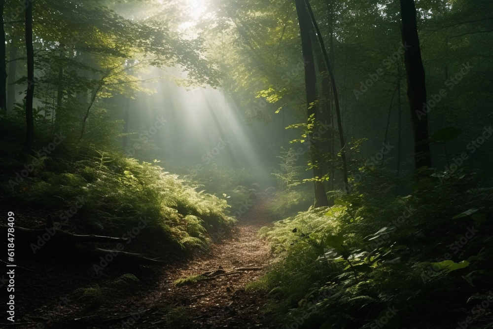 Obraz premium Nature, plants and pathway with trees in forest for environment, sustainability and flora. Peace, ai generated and landscape with meadow in countryside woods for foliage, paradise and wilderness