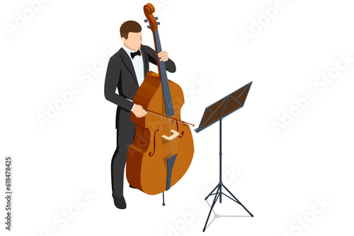 Isometric musician with a bow playing the double bass. Musical instrument Double bass Orchestra music